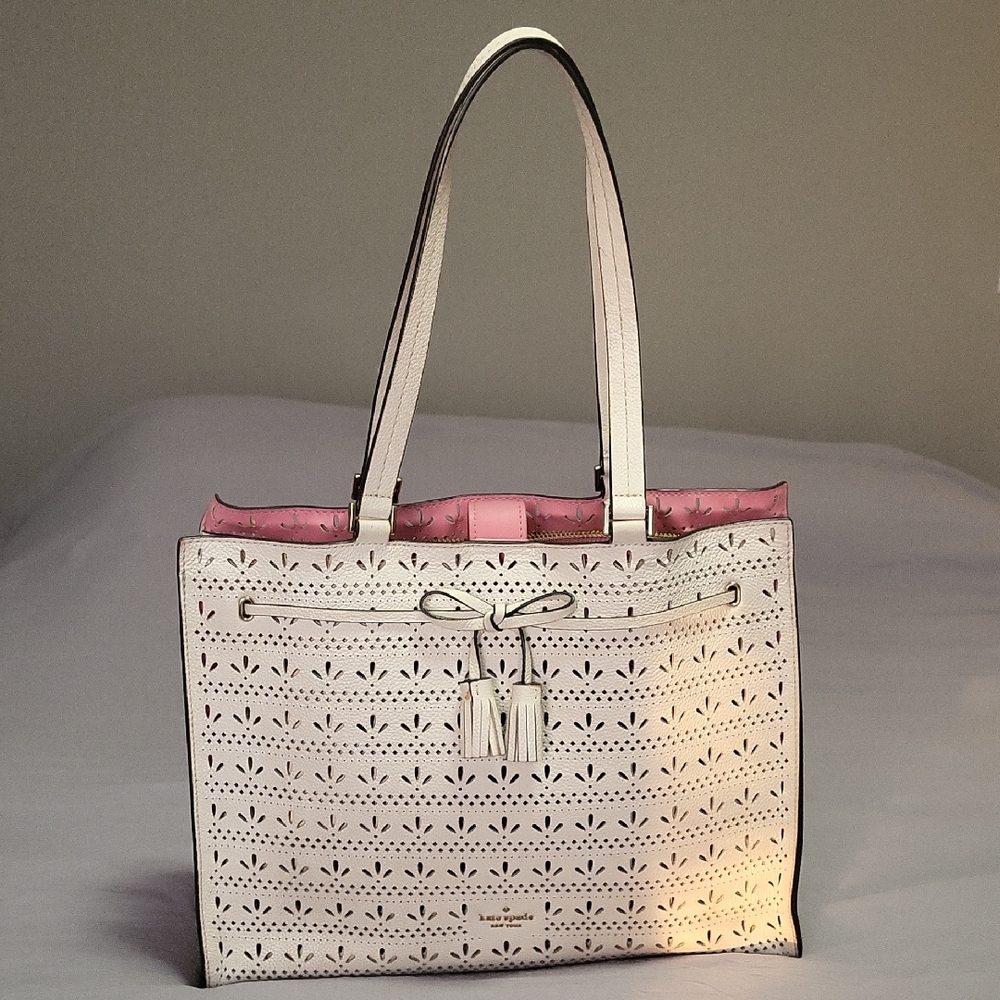 Kate Spade Ivory White Laser Cut Leather Shoulder Bag